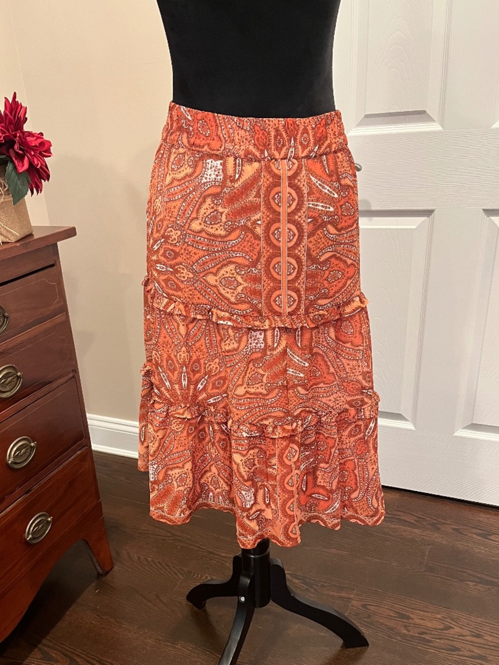 INC International Concepts Orange Paisley Print Tiered Midi Skirt PXL